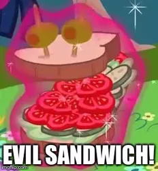 Size: 305x329 | Tagged: a canterlot wedding, cropped, cucumber, derpibooru import, edit, edited screencap, image macro, implied twilight sparkle, lettuce, levitation, magic, meme, olive, safe, sandwich, sandwich armor, screencap, sourdough, telekinesis, the fancy party, tomato, twilight sparkle, wander over yonder