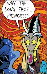 Size: 384x600 | Tagged: derpibooru import, discord, exploitable meme, idw, meme, princess luna, safe, screamcord, the scream, why the long face