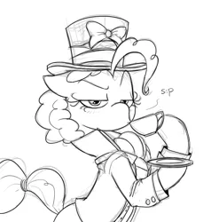 Size: 1098x1152 | Tagged: artist:mickeymonster, bow, clothes, cravat, derpibooru import, drinking, fancy, hat, jacket, lineart, monochrome, pinkie pie, raised eyebrow, safe, sipping, solo, tea, top hat