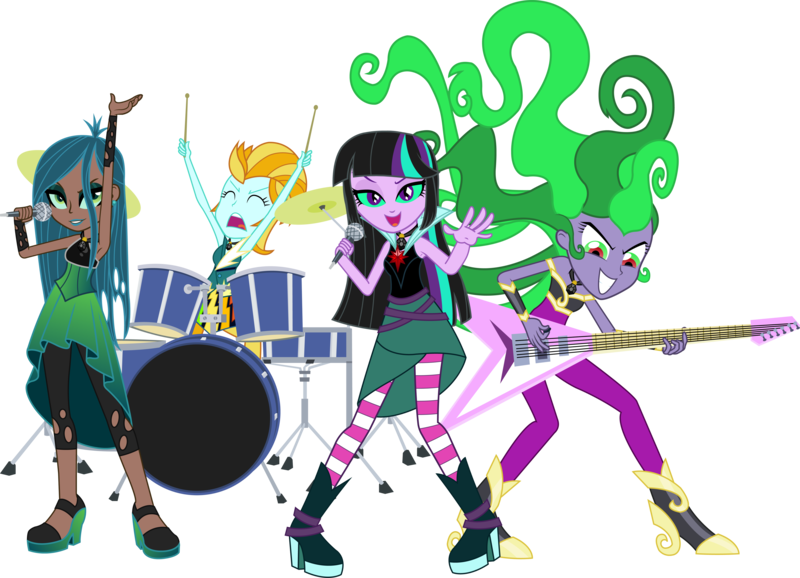 Size: 4291x3100 | Tagged: safe, artist:dashiemlpfim, artist:imperfectxiii, derpibooru import, lightning dust, mane-iac, queen chrysalis, twilight sparkle, equestria girls, absurd resolution, amulet, armpits, band, bare shoulders, clothes, drums, drumsticks, electric guitar, equestria girls-ified, eyes closed, group, guitar, high heel boots, high heels, holey clothes, looking at you, microphone, musical instrument, necklace, open mouth, request, sleeveless, twivine sparkle
