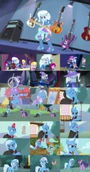 Size: 960x1832 | Tagged: safe, derpibooru import, screencap, fuchsia blush, lavender lace, snails, snips, trixie, twilight sparkle, pony, unicorn, boast busters, equestria girls, guitar centered, magic duel, rainbow rocks, alicorn amulet, background human, comparison, female, guitar, left handed, magic, mare, telekinesis, unicorn twilight