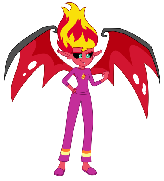 Size: 4950x5450 | Tagged: safe, artist:discorded, artist:ponyalfonso, derpibooru import, edit, vector edit, sunset shimmer, equestria girls, rainbow rocks, absurd resolution, bat wings, clothes, fangs, fist pump, hand on hip, pajamas, simple background, slippers, smiling, solo, sunset satan, transparent background, vector, wings