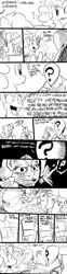 Size: 600x2434 | Tagged: anon in equestria, artist:sunibee, bottle, chocolate milk, clothes, comic, cup, derpibooru import, dialogue, human, jug, milk, /mlp/, monochrome, necktie, oc, oc:anon, pinkie pie, question mark, safe, shocked, silly straw, smiling, suit, syrup, table