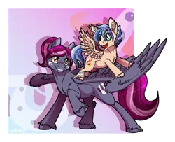 Size: 1024x832 | Tagged: safe, artist:inuhoshi-to-darkpen, derpibooru import, oc, oc:rocket tier, oc:spotlight splash, unofficial characters only, pegasus, pony, equestria daily, bandage, bandaged leg, duo, equestria daily mascots, feathered fetlocks, female, filly, large wings, mare, mascot, raised hoof, spread wings, unshorn fetlocks, wings