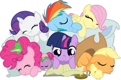 Size: 1747x1160 | Tagged: safe, artist:drawponies, artist:mpnoir, derpibooru import, applejack, fluttershy, gummy, pinkie pie, rainbow dash, rarity, spike, twilight sparkle, dragon, earth pony, pegasus, pony, unicorn, .svg available, baby spike, book, candle, cuddle puddle, cuddling, cute, diabetes, eyes closed, female, filly, hat, male, mane seven, mane six, pillow, pony pile, reading, simple background, sleeping, smiling, snuggling, svg, transparent background, vector, weapons-grade cute, younger