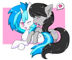 Size: 2071x1705 | Tagged: safe, artist:teranen, derpibooru import, octavia melody, vinyl scratch, :3, :p, behaving like a cat, blushing, chest fluff, eyes closed, female, fluffy, heart, lesbian, open mouth, prone, scratchtavia, shipping, speech bubble, tongue out, wink