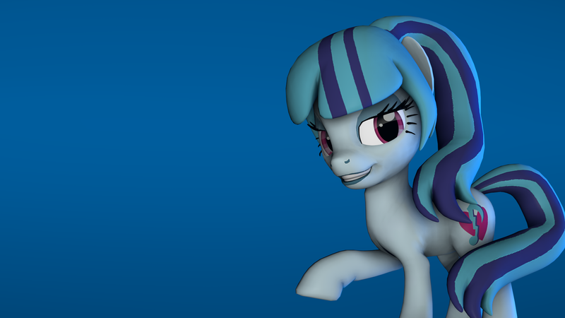 Size: 1920x1080 | Tagged: safe, artist:majorrainbow, derpibooru import, sonata dusk, ponified, earth pony, pony, 3d, bedroom eyes, looking at you, raised hoof, simple, solo, source filmmaker