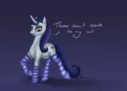 Size: 3229x2316 | Tagged: safe, artist:soirema-pl, derpibooru import, moonlight raven, pony, unicorn, clothes, dialogue, female, looking down, mare, signature, socks, solo, striped socks