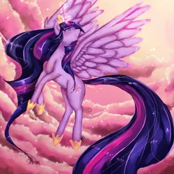 Size: 1500x1500 | Tagged: safe, artist:xkittyblue, derpibooru import, twilight sparkle, twilight sparkle (alicorn), alicorn, pony, beautiful, female, flying, hoof shoes, jewelry, mare, older, older twilight, regalia, solo, spread wings, tiara, ultimate twilight, wings