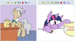 Size: 1511x815 | Tagged: artist:goat train, artist:karpet-shark, cookie, cookie jar, corrupted, derpibooru, derpibooru import, exploitable meme, fuck the police, juxtaposition, juxtaposition win, looking at each other, mayor mare, meme, meta, safe, twilight sparkle, twilight stealing a cookie, twily-daily