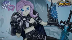 Size: 1280x720 | Tagged: safe, artist:ngrycritic, derpibooru import, fluttershy, equestria girls, armor, arthas menethil, breasts, cleavage, crossover, female, frostmourne, frown, frozen throne, glare, glowing eyes, lich king, looking at you, midriff, raised eyebrow, sitting, style emulation, sword, uotapo-ish, warcraft, weapon, world of warcraft
