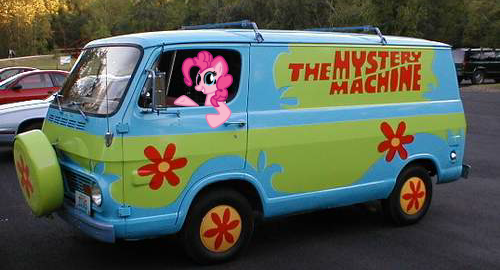 Size: 500x270 | Tagged: artist:drsyke, car, chevrolet, derpibooru import, irl, mystery machine, photo, pinkie pie, ponies in real life, safe, scooby doo, van