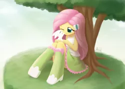 Size: 1692x1213 | Tagged: safe, artist:howxu, derpibooru import, angel bunny, fluttershy, equestria girls, beautiful, clothes, cute, one eye closed, shyabetes, sitting, skirt, smiling, tanktop, tree, under the tree