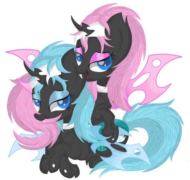 Size: 4343x4101 | Tagged: absurd resolution, aloe, artist:law44444, bedroom eyes, changeling, changelingified, derpibooru import, ear bite, fangs, looking at you, lotus blossom, open mouth, safe, smiling, spa twins, tail bite