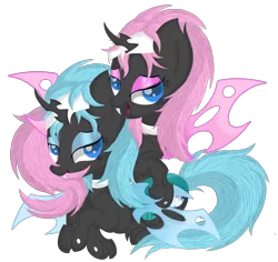 Size: 4343x4101 | Tagged: absurd resolution, aloe, artist:law44444, bedroom eyes, changeling, changelingified, derpibooru import, ear bite, fangs, looking at you, lotus blossom, open mouth, safe, smiling, spa twins, tail bite