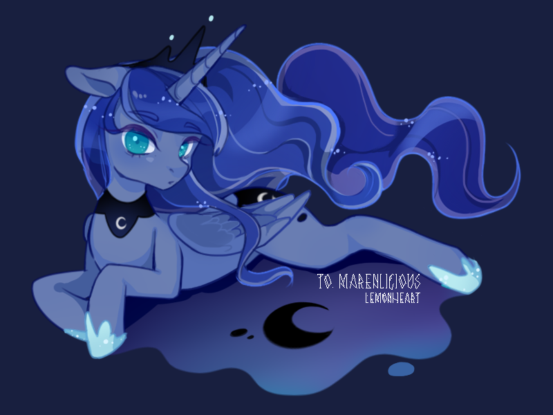 Size: 800x600 | Tagged: artist:lemonheart, blue background, derpibooru import, looking at you, lying, princess luna, prone, safe, simple background, solo