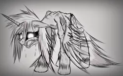 Size: 1431x887 | Tagged: artist:ruhisu, creature, crying, derpibooru import, grimdark, injured, love, monochrome, monster, nightmare cadance, nightmarified, poison, poison love, princess cadance, scar, sketch, sobbing, solo, starvation