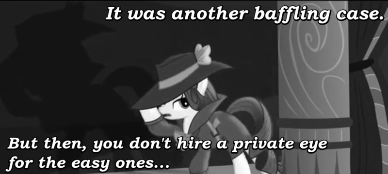 Size: 959x431 | Tagged: calvin and hobbes, clothes, derpibooru import, image macro, meme, monochrome, monologue, noir, rarity, rarity investigates, safe, screencap, shadow, solo, tracer bullet, trenchcoat