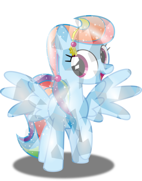 Size: 3915x5000 | Tagged: safe, artist:apony4u, derpibooru import, rainbow dash, crystal pony, pegasus, pony, crystallized, female, happy, looking at you, mare, open mouth, raised hoof, shiny, simple background, smiling, solo, sparkles, spread wings, transparent background, vector