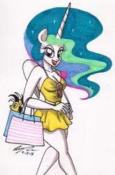 Size: 981x1486 | Tagged: anthro, artist:newyorkx3, bedroom eyes, breasts, cleavage, clothes, derpibooru import, dress, female, looking at you, open mouth, plushie, princess celestia, purse, shopping, shopping bags, solo, solo female, suggestive, sunglasses, traditional art