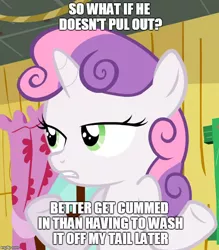 Size: 632x720 | Tagged: caption, cropped, derpibooru import, edit, edited screencap, engrish, grammar error, image macro, implied creampie, implied foalcon, implied sex, meme, misspelling, screencap, sleepless in ponyville, slutty-belle, solo, so what sweetie, suggestive, sweetie belle, this will end in pregnancy