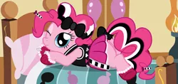 Size: 7008x3296 | Tagged: safe, artist:badumsquish, derpibooru import, pinkie pie, earth pony, pony, absurd resolution, bed, bedroom eyes, bow, clothes, draw me like one of your french girls, female, goth, gothic pinkie, looking at you, on bed, pinkie pie's boutique, pose, prone, shoes, skirt, smiling, solo, tail bow, wink