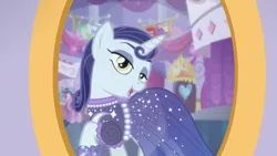 Size: 1280x720 | Tagged: safe, derpibooru import, screencap, lily love, moonlight raven, pony, unicorn, canterlot boutique, background pony, clothes, dress, female, lidded eyes, mare, mirror, over the moon, shoes, smiling, when she smiles