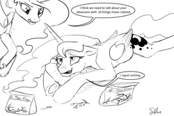 Size: 1280x853 | Tagged: artist:silfoe, bloated, derpibooru import, dialogue, floppy ears, frown, full, grapes, grayscale, gritted teeth, i regret nothing, lineart, monochrome, open mouth, plump, princess celestia, princess luna, prone, raised hoof, royal sketchbook, safe, sick, sketch, smiling, speech bubble, stuffed, stuffed belly, underhoof, wavy mouth