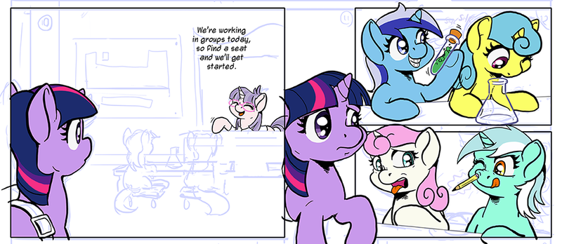 Size: 1000x435 | Tagged: safe, artist:muffinshire, derpibooru import, lemon hearts, lyra heartstrings, minuette, twilight sparkle, twinkleshine, oc, oc:apple delight, comic:twilight's first day, braces, chemistry, comic, dexterous hooves, erlenmeyer flask, filly, glasses, grin, open mouth, pencil, preview, princess celestia's school for gifted unicorns, raised hoof, saddle bag, test tube, tongue out, wip, younger