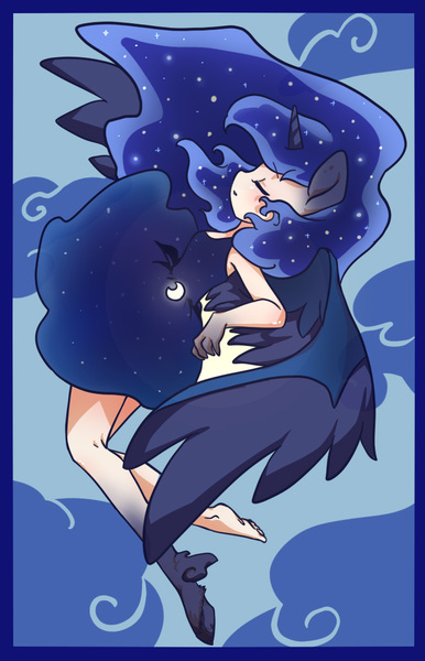 Size: 673x1045 | Tagged: artist:yukandasama, barefoot, changing, clothes, derpibooru import, dress, feet, human, humanized, princess luna, safe, solo, transformation