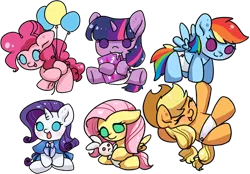 Size: 646x450 | Tagged: safe, artist:yukandasama, derpibooru import, applejack, fluttershy, pinkie pie, rainbow dash, rarity, twilight sparkle, pony, babity, baby, baby dash, baby pie, baby pony, babyjack, babylight sparkle, babyshy, balloon, book, clothes, cute, daaaaaaaaaaaw, dashabetes, diaper, diapinkes, dress, drool, foal, hnnng, jackabetes, mane six, pixiv, plushie, raribetes, shyabetes, twiabetes