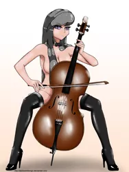 Size: 1500x2000 | Tagged: armpits, artist:darkestmbongo, bowtie, breasts, cello, clothes, derpibooru import, female, high heels, human, humanized, lipstick, looking at you, musical instrument, nudity, octavia melody, sexy, sitting, smiling, socks, solo, solo female, sparkly eyes, spreading, spread legs, stockings, strategically covered, stupid sexy octavia, suggestive, thigh highs