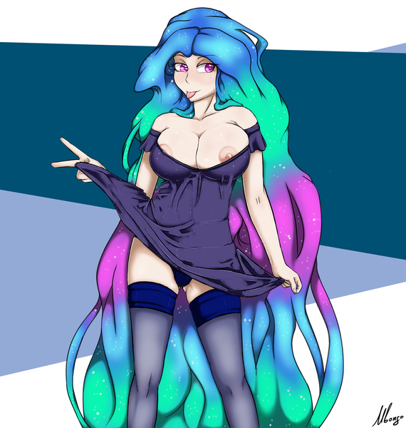 Size: 1900x2000 | Tagged: questionable, artist:darkestmbongo, derpibooru import, princess celestia, human, :p, bedroom eyes, blue underwear, blushing, breasts, busty princess celestia, cleavage, clothes, dress, female, humanized, lingerie, looking at you, nightgown, nipple slip, nipples, nudity, panties, peace sign, skirt, skirt lift, smiling, socks, solo, solo female, stockings, thigh highs, tongue out, underass, underwear