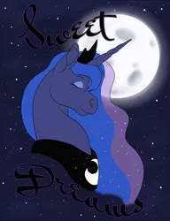 Size: 1487x1937 | Tagged: artist:carnivorouscaribou, derpibooru import, eyes closed, moon, portrait, poster, princess luna, safe, solo