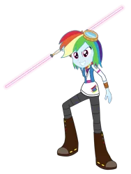 Size: 3005x4000 | Tagged: safe, artist:amante56, derpibooru import, rainbow dash, equestria girls, 20th century fox, absurd resolution, alternate hairstyle, clothes, crossover, disney, double lightsaber, element of loyalty, goggles, guardian, jedi, lightsaber, lucasfilm, short hair, solo, star wars, weapon, wristband