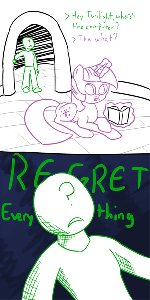 Size: 600x1200 | Tagged: 2 panel comic, 4chan, anon in equestria, anonymous, artist:slamjam, comic, computer, derpibooru import, human, i regret everything, oc, oc:anon, reality ensues, regret, safe, twilight sparkle