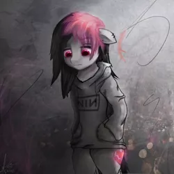Size: 3000x3000 | Tagged: safe, artist:kaine, artist:ligerstorm, derpibooru import, oc, oc:miss eri, unofficial characters only, pony, semi-anthro, /mlp/, bipedal, emo, female, headphones, nine inch nails, sad, solo