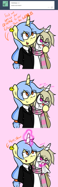 Size: 1500x4750 | Tagged: artist:fullmetalpikmin, ask, clothes, cold, comic, derpibooru import, handkerchief, nose blowing, oc, oc:cherry blossom, oc:viewing pleasure, safe, scarf, sick, suit, tissue, tumblr, tumblr:ask viewing pleasure, unofficial characters only