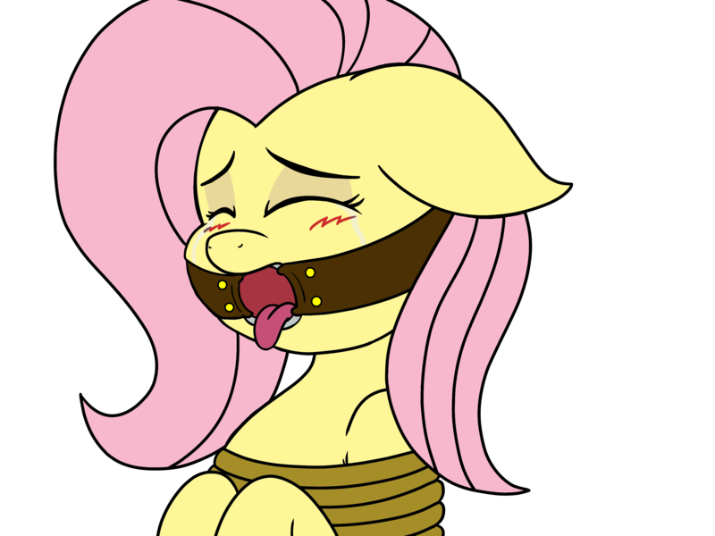 Size: 3300x2475 | Tagged: questionable, semi-grimdark, artist:ryuseihikari, derpibooru import, fluttershy, blushing, bondage, crying, eyes closed, female, floppy ears, gag, open mouth, ring gag, rope, rope bondage, simple background, solo, solo female, tongue out, transparent background