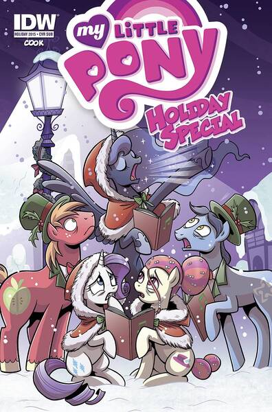 Size: 791x1200 | Tagged: safe, artist:brendahickey, derpibooru import, idw, big macintosh, princess luna, rarity, toe-tapper, torch song, earth pony, pony, spoiler:comic, caroling, christmas carols, cover, hat, male, ponytones, singing, snow, snowfall, stallion, the ponytones