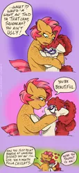 Size: 548x1200 | Tagged: safe, artist:kaemantis, deleted from derpibooru, derpibooru import, babs seed, twist, pony, alternate hairstyle, babstwist, bipedal, blushing, comic, cute, female, freckles, glasses, hair tie, heart, hug, lesbian, older, shipping