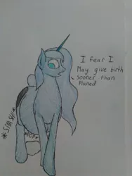 Size: 1944x2592 | Tagged: suggestive, artist:warrior_stew, derpibooru import, princess luna, pony, amniotic fluid, birth, contractions, female, labor, mare, pregnant, solo, solo female, traditional art, waterbreak