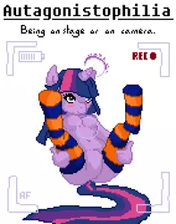 Size: 568x720 | Tagged: anthro, artist:sehad, big book of fetishes, breasts, camera, camera shot, camwhore, clothes, dead source, derpibooru import, featureless crotch, fetish, pixel art, socks, solo, spread legs, striped socks, suggestive, twilight sparkle