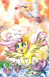 Size: 712x1100 | Tagged: artist:paulina-ap, bird, derpibooru import, flower, fluttershy, flying, ibis, safe, water