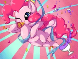 Size: 800x600 | Tagged: safe, artist:kkuyo, derpibooru import, pinkie pie, pony, cute, diapinkes, drink, hat, one eye closed, party, party hat, party horn, punch, solo, streamers