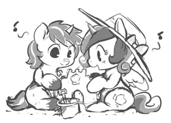 Size: 850x613 | Tagged: artist:ende26, cute, derpibooru import, filly, monochrome, princess cadance, safe, sand, sand castle, shining armor, sketch, younger