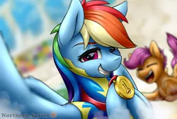 Size: 1280x861 | Tagged: artist:northernsprint, blurry, cloud, cloudsdale, cloudy, derpibooru import, eyes closed, flying, grin, incoming hug, looking at you, medal, open mouth, patreon, rainbow dash, safe, scootaloo, scootaloo can fly, selfie, smiling, smirk, spread wings, wonderbolt trainee uniform
