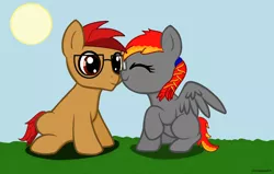 Size: 1024x651 | Tagged: artist:livvyloulou, base used, blank flank, boop, colt, cute, derpibooru import, female, filly, glasses, male, nuzzling, oc, oc:arian blaze, oc:the daring cookie, oc x oc, safe, shipping, straight, unofficial characters only, wide eyes, younger