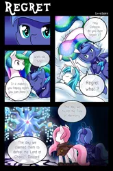 Size: 1500x2268 | Tagged: safe, artist:vavacung, derpibooru import, princess celestia, princess luna, tree of harmony, oc, oc:liberty wing, oc:paper mache, bat pony, pony, comic:to love alicorn, bat pony luna, bed, cewestia, cloak, clothes, comic, cute, dialogue, eyes closed, filly, pillow, pink-mane celestia, plot, sleeping, smiling, speech bubble, woona