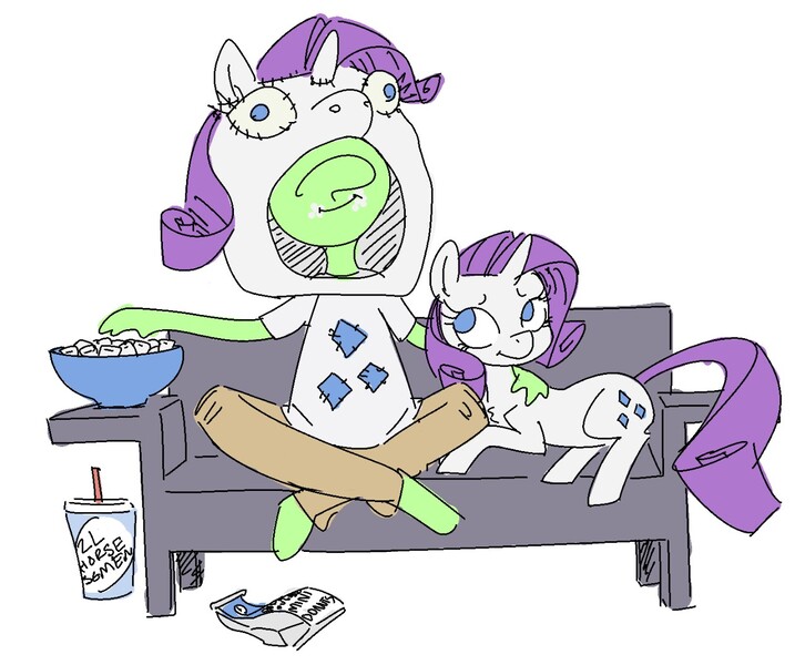 Size: 1280x1058 | Tagged: suggestive, artist:nobody, derpibooru import, rarity, oc, oc:anon, human, pony, unicorn, :i, :t, clothes, costume, couch, cup, donut, drink, eating, female, food, hug, human on pony snuggling, implied cum, implied human on pony action, implied sex, interspecies, mare, marshmallow, mask, ponut, ponut donut, pony costume, prone, pun, sitting, smiling, snuggling